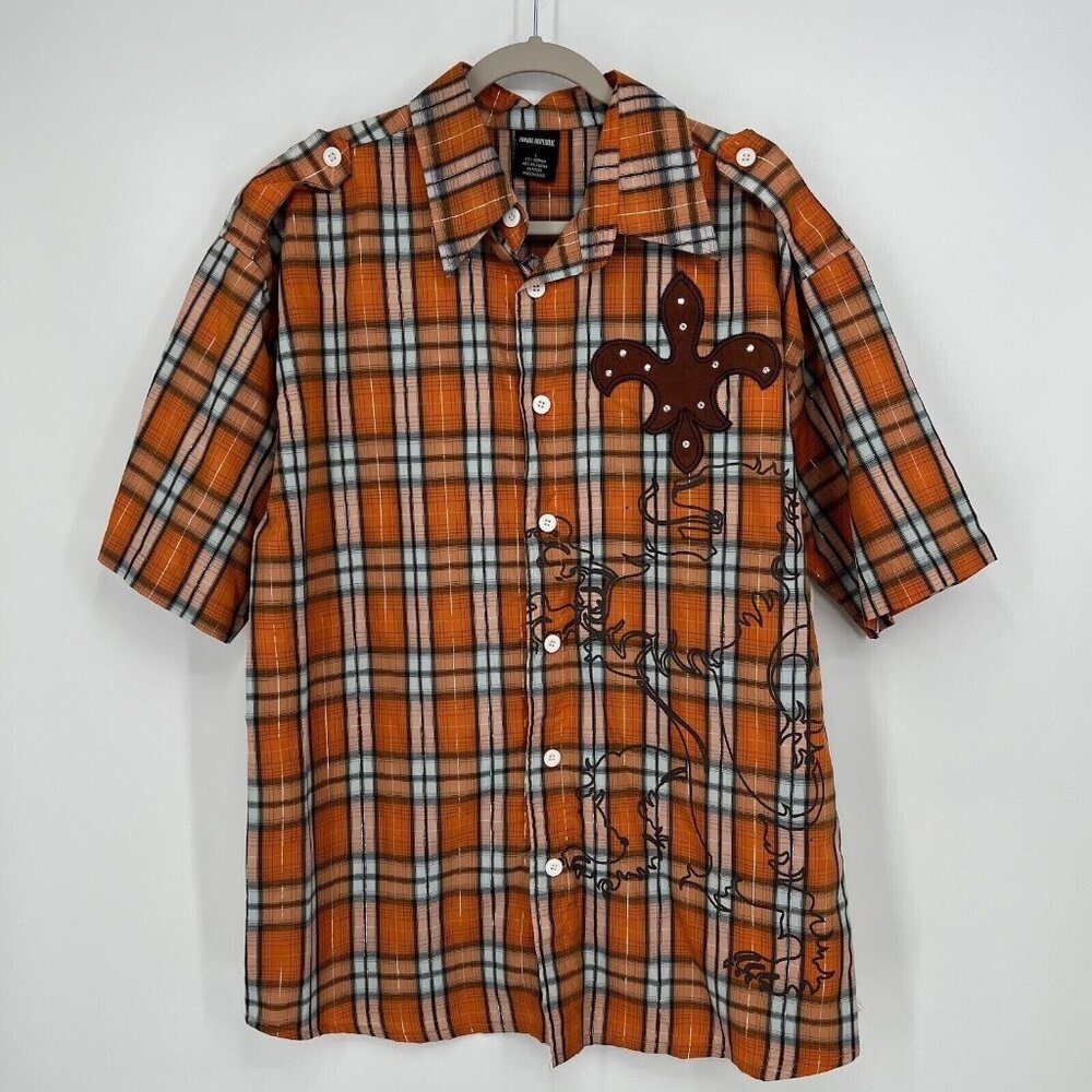 Royal Republic Button-Up Shirt‎ Mens L Orange Front Back Graphic Short Sleeve